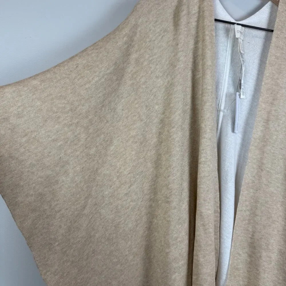 Chico's Cardigan One Size Beige Knit Asymmetrical Open Front Fringe Hem NWT‎